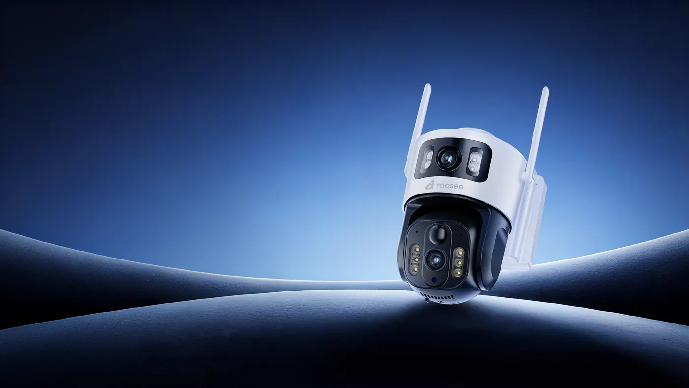 Camera Yoosee 4G ngoài trời hai mắt trên nền xanh