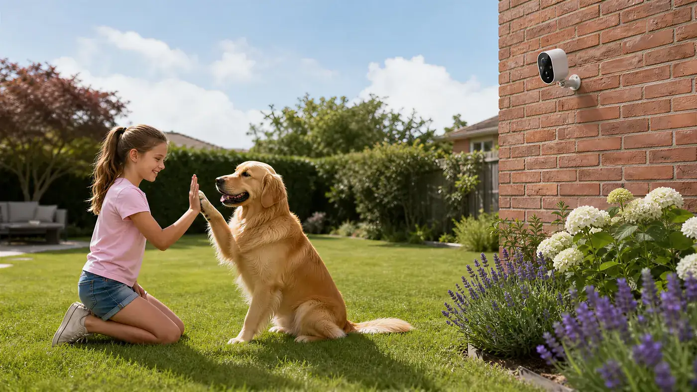 Camera gắn trên tường gạch quan sát sân vườn có trẻ em và thú cưng