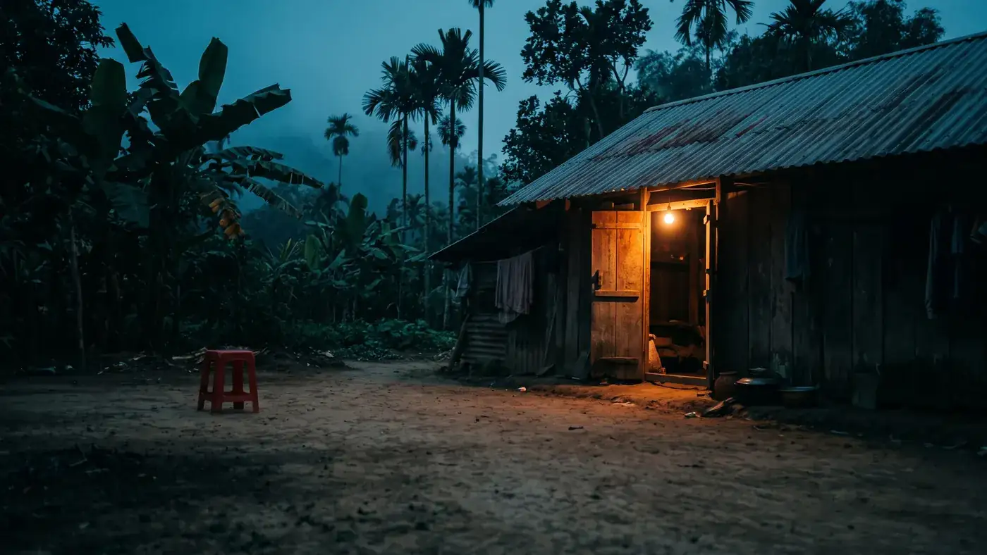 Sân nhà vùng quê Việt Nam lúc chạng vạng, chỉ có một bóng đèn trong nhà