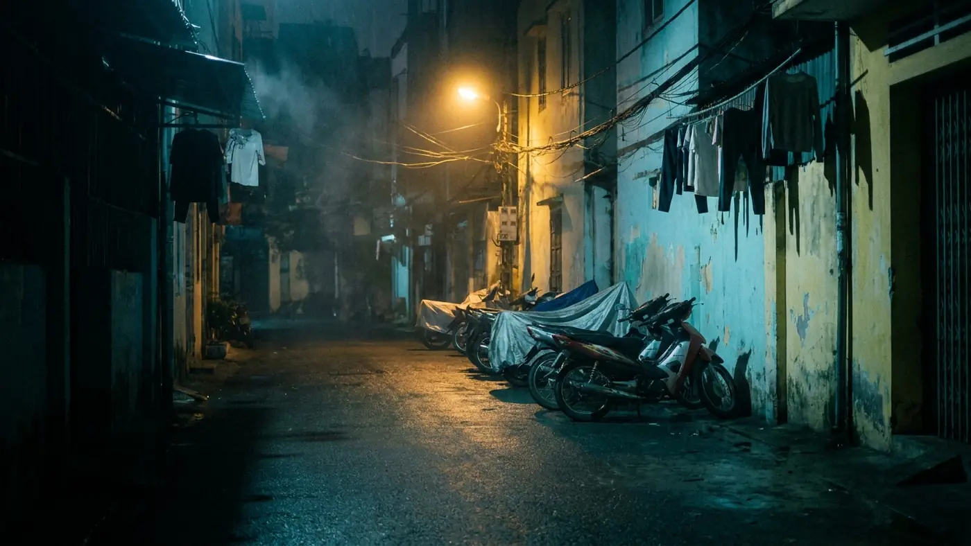 Hẻm nhỏ ban đêm với dãy xe máy dựng sát tường