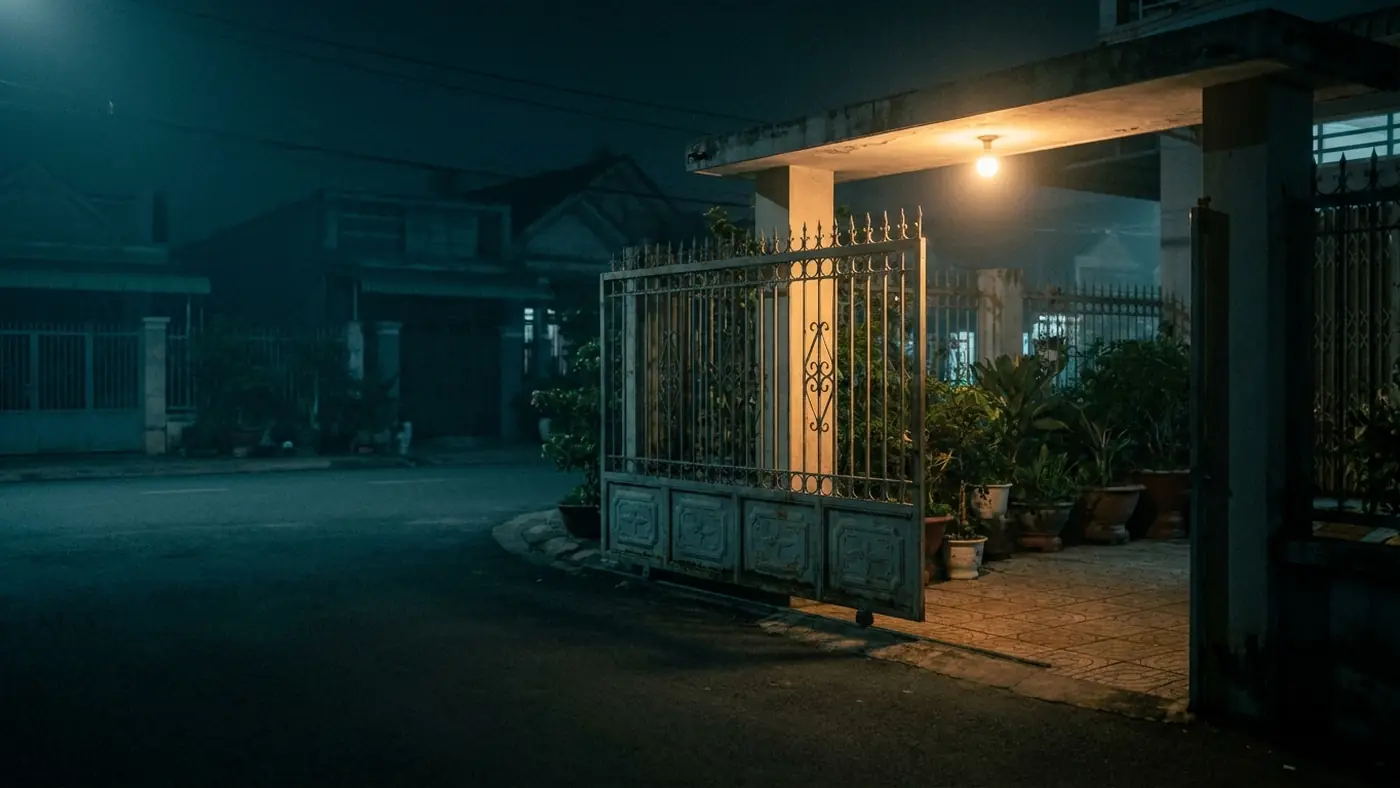Cổng sắt và sân trước của một căn nhà lúc trời tối