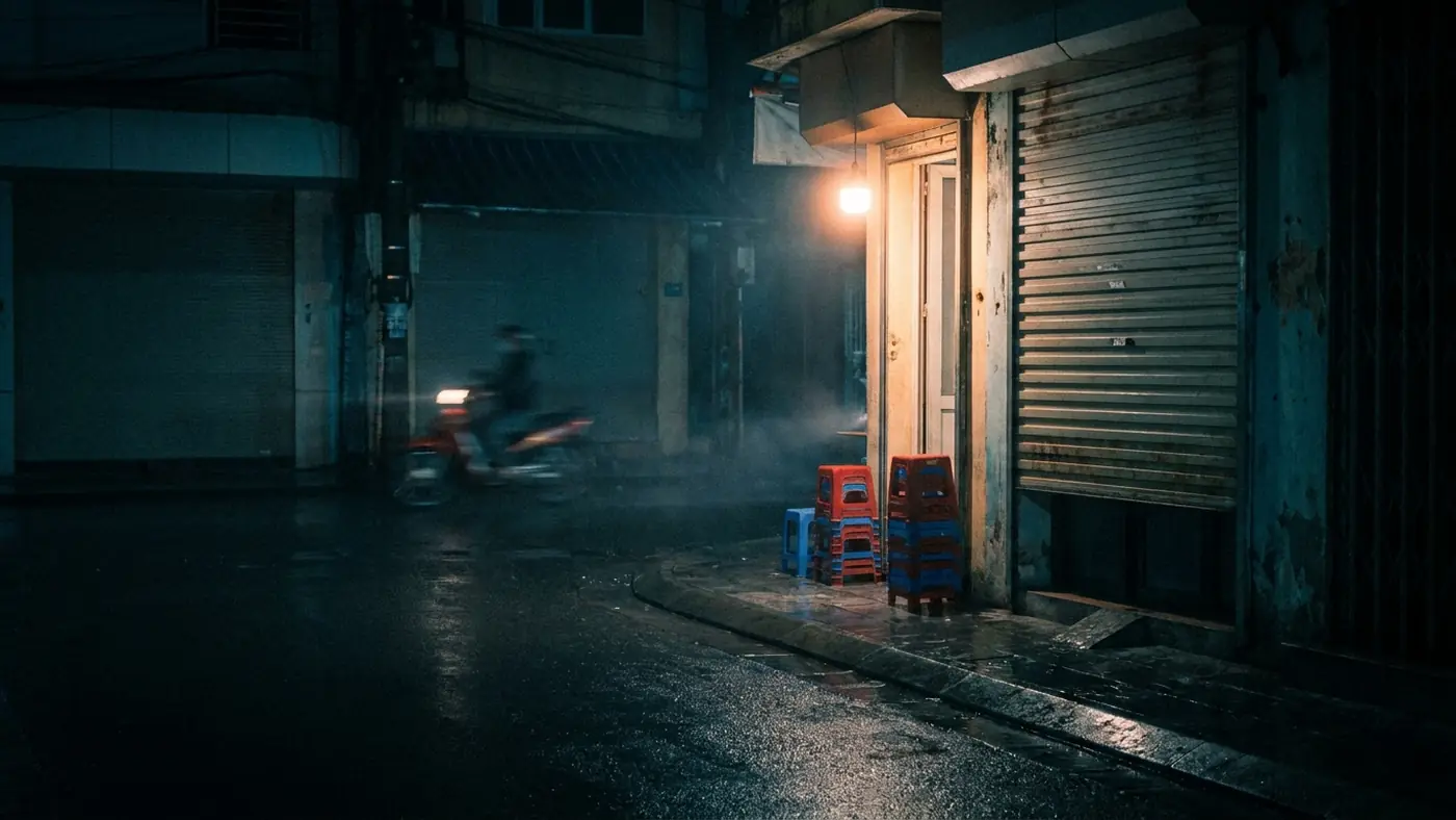 Mặt tiền cửa hàng nhỏ ban đêm, ánh đèn hắt ra vỉa hè