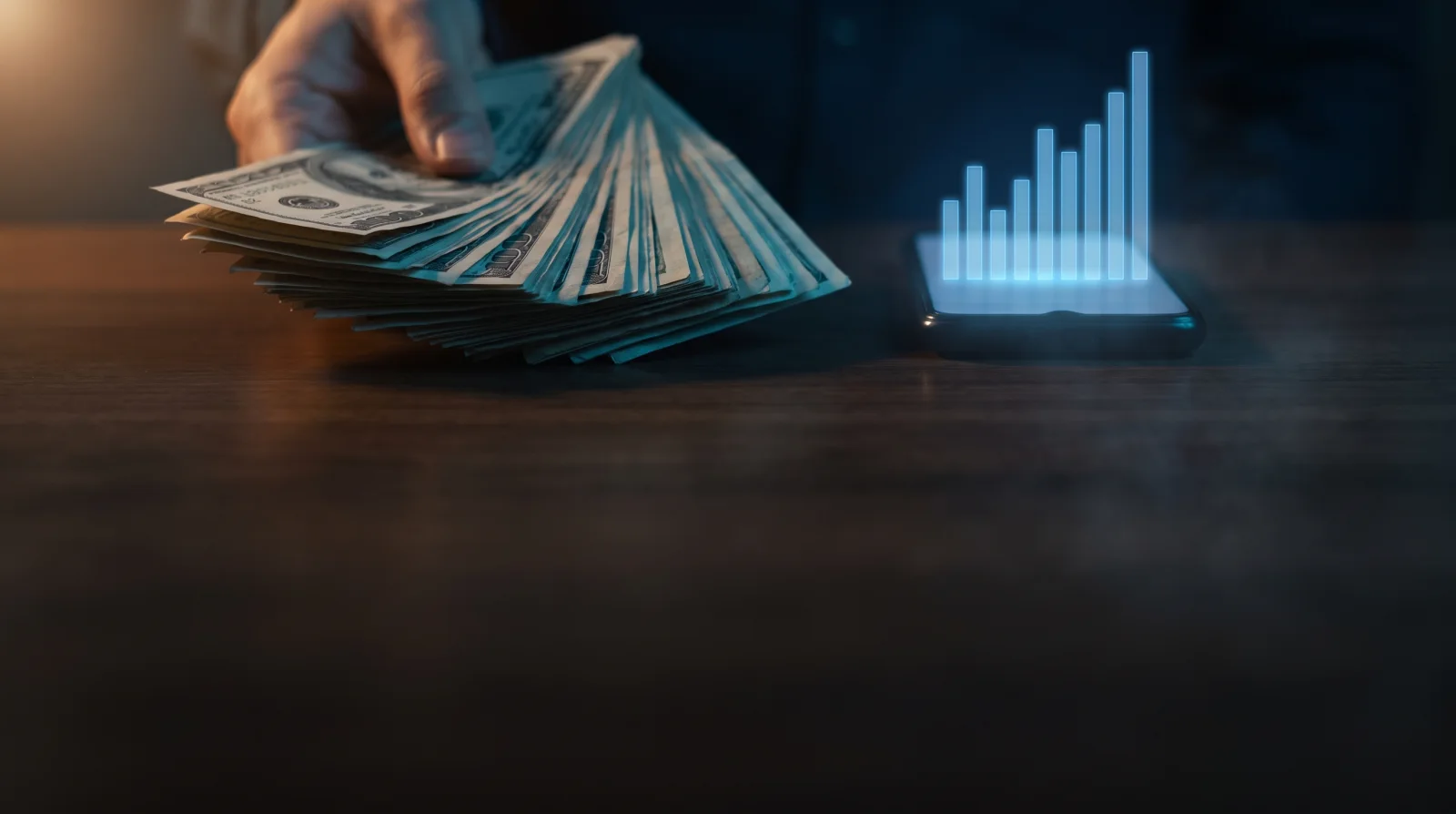 Cash in hand beside a phone showing earnings rising month after month